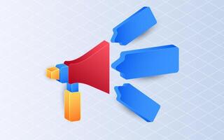 Isometric megaphone, Announcement with speech bubbles on white background. Business marketing concepts vector