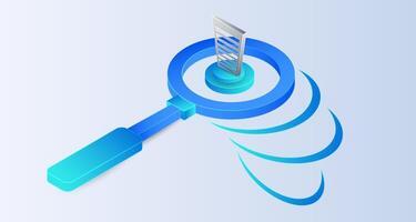 Isometric document search magnifying glass on white background. Audit assessment or review vector