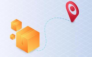 Isometric customer shipping placement pin on white background. Box paket and gps symbols vector
