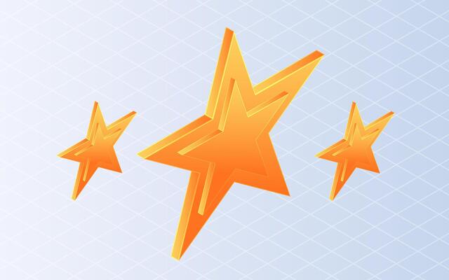 Isometric three yellow stars on white background.