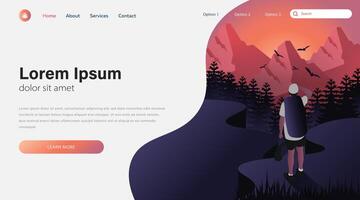 Landing page template of a man walking in the mountains. Adventure and tourism concept. vector