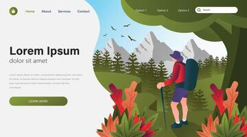 Landing page website template of Hiking in the mountains. Hiking in the mountains. vector