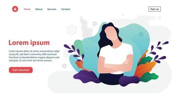 Landing page design template for website and mobile website development. Woman sitting in lotus position and holding plant in her hands. vector