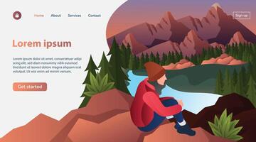 Landing page template with man hiker sitting on the rock and looking at mountain lake. vector