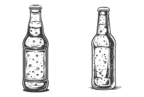 Line drawing of a full bottle of beer with bubbles , vector