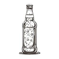 Line drawing of a full bottle of beer with bubbles , vector