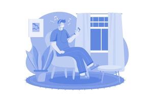 Man Listening To Music On Earphones Using Mobile Phone vector
