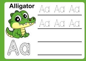Animal Alphabet Letter A for Alligator. colorful ABC alphabet trace practice worksheet vector