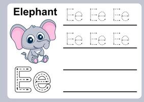 Animal Alphabet Letter E for Elephant. colorful ABC alphabet trace practice worksheet vector