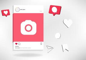 Instagram 3d logo mockup with social media notification 3d icons like, love, heart, comment, save 3d icon. join find us on social network platforms with instagram background. Insta screen. Editorial vector