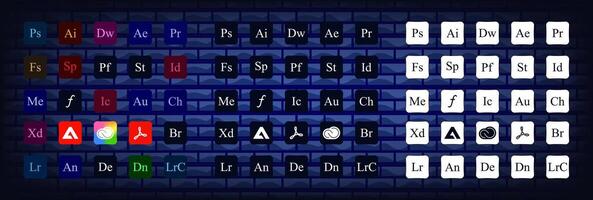 Adobe application logotype. adobe, illustrator, photoshop, creative cloud, after effects, lightroom vector