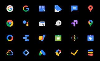Google set icon. Chrome, google podcast, one drive, maps, pixel, search concsole, optimize, google ads, cloud, interactive media, manafactured centre, android, blog. Editorial vector