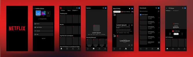 Netflix interface. Netflix screen social media, social network interface template. Homepage, netflix, new and hot, subscription, profile. Gradient background. Editorial vector