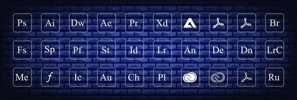 Adobe application logotype. adobe, illustrator, photoshop, creative cloud, after effects, lightroom vector