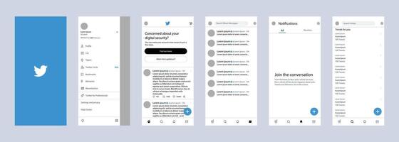 Twitter mobile interface. Twitter screen social media, social network interface template. Homepage, logo, bird. notofications, search, trends. Editorial vector
