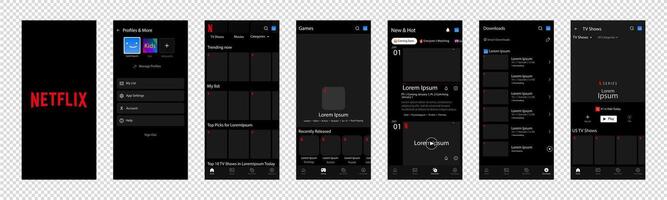 Netflix interface. Netflix screen social media, social network interface template. Homepage, netflix, new and hot, subscription, profile. Isolated background. Editorial vector