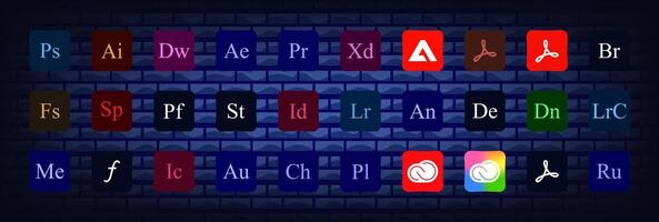 Adobe application logotype. adobe, illustrator, photoshop, creative cloud, after effects, lightroom vector