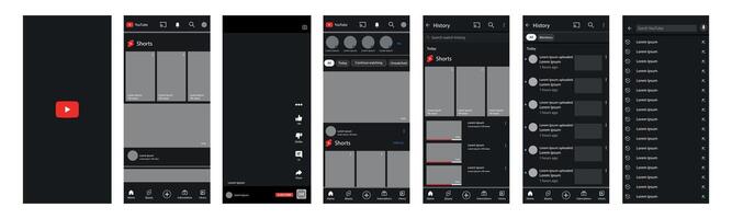 YouTube interface. You Tube screen social media, social network interface template. Homepage, logo, recommendations, subscription, profile. Stream, stories, liked, screenshot. Editorial vector