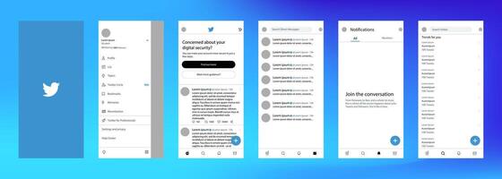 Twitter mobile interface. Twitter screen social media, social network interface template. Homepage, logo, bird. notofications, search, trends. Template of iphone 14. Editorial vector