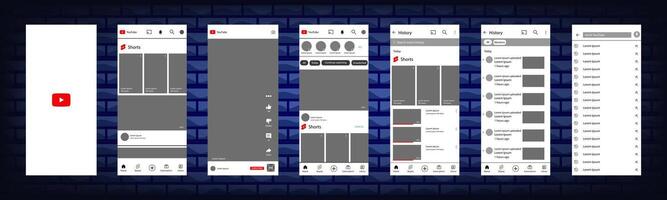 YouTube interface in Iphone. You Tube screen social media, social network interface template. Homepage, youtube, recommendations, subscription, profile. Template of iphone 14. Editorial vector