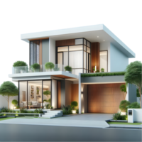 Modern house with garage and trees on the side isolated from background png