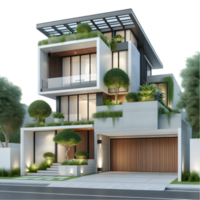 Modern house with plants on the front and side isolated from background png