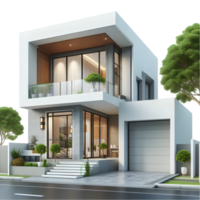 Modern house with garage and trees on the street isolated from background png
