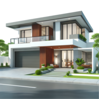 Modern house with garage and trees on the side isolated from background png