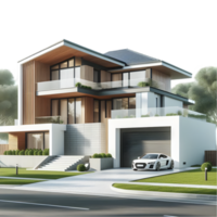 Modern house with car in front of garage on the street isolated from background png