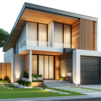 Modern house with a garage and a front yard isolated from background png