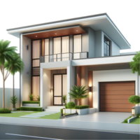 Modern house with garage and palm trees isolated from background png