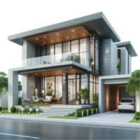 Modern house with car parked in front of garage isolated from background png