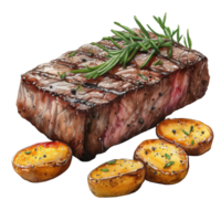 Watercolor grilled pork steak with herb rosemary and boiled potatoes clip art element illustration. Ai-generated png