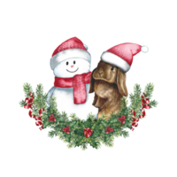 Rabbit in a Santa Claus hat on Christmas tree branches with a snowman. Watercolor illustration. For invitation cards. png