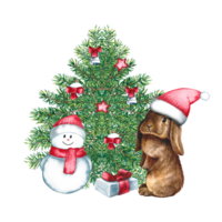 Rabbit in a Santa Claus hat near the Christmas tree with a snowman and a gift. Watercolor illustration. png