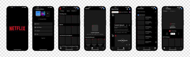 Netflix interface. Netflix screen social media, social network interface template. Homepage, netflix, new and hot, subscription, profile. Gradient background. Iphone 14 screen. Editorial vector