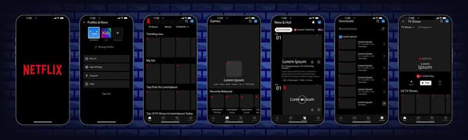 Netflix interface. Netflix screen social media, social network interface template. Homepage, netflix, new and hot, subscription, profile. Gradient background. Iphone 14 screen. Editorial vector