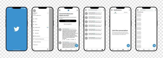 Twitter mobile interface. Twitter screen social media, social network interface template. Homepage, logo, bird. notofications, search, trends. Template of iphone 14. Gradient background. Editorial vector