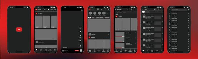 YouTube interface. You Tube screen social media, social network interface template. Homepage, youtube, recommendations, subscription, profile. Template of iphone 14. Editorial vector