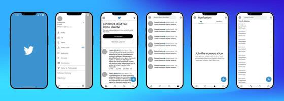 Twitter mobile interface. Twitter screen social media, social network interface template. Homepage, logo, bird. notofications, search, trends. Template of iphone 14. Gradient background. Editorial vector