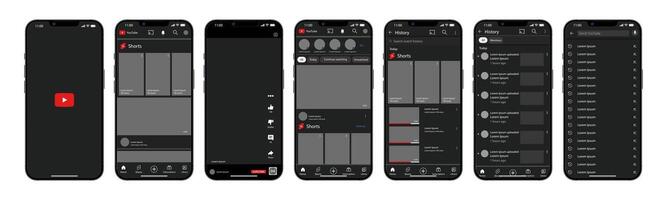 YouTube interface in Iphone. You Tube screen social media, social network interface template. Homepage, youtube, recommendations, subscription, profile. Template of iphone 14. Editorial vector