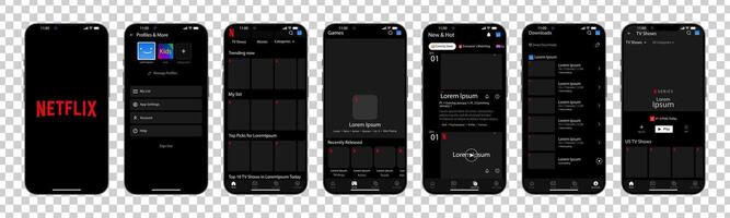 Netflix interface. Netflix screen social media, social network interface template. Homepage, netflix, new and hot, subscription, profile. Gradient background. Iphone 14 screen. Editorial vector