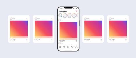 Instagram in iphone. Set screen social media and network interface template. Photo frame. Stories, liked, stream, feedback, personal profile, chat, Reels, feed, trending. Editorial vector