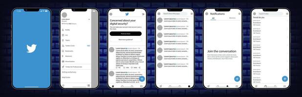 Twitter mobile interface. Twitter screen social media, social network interface template. Homepage, logo, bird. notofications, search, trends. Template of iphone 14. Gradient background. Editorial vector
