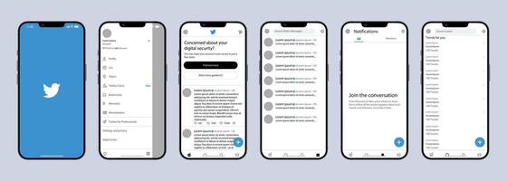 Twitter mobile interface. Twitter screen social media, social network interface template. Homepage, logo, bird. notofications, search, trends. Screenshots from iPhone 14. Editorial vector