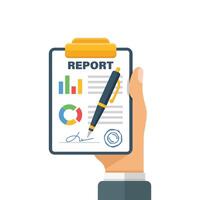 Report document in hand icon in flat style. Dashboard plan illustration on isolated background. Analysis sign business concept. vector