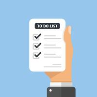 To do list in hand icon in flat style. Paper sheet with clipboard illustration on isolated background. Checkbox plan sign business concept. vector