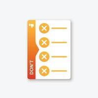 Negative list or planning icon in flat style. Paper sheet with cons clipboard illustration on isolated background. Checkbox plan sign business concept. vector
