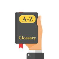 Glossary book in hand icon in flat style. Guidebook encyclopedia illustration on isolated background. A-Z notebook sign business concept. vector