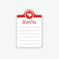 Negative list or planning icon in flat style. Paper sheet with cons clipboard illustration on isolated background. Checkbox plan sign business concept. vector